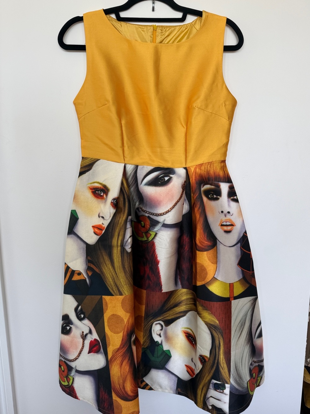 Striking Golden Yellow Dress with Avant-garde Portrait Skirt